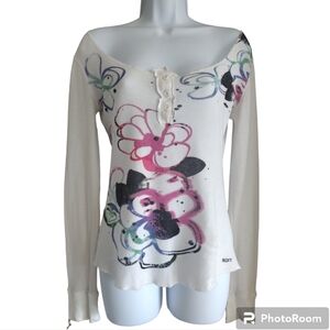 VINTAGE ROXY Scoop Neck Long Sleeve Lightweight Graphic Art Top SP
